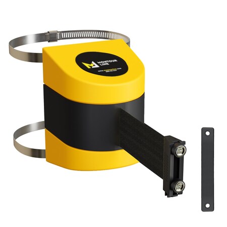 Montour Line Retractable Belt Barrier YW Clamped Wall Mount, 7.5'Black Belt (M) PWM200-YW-BK-C-M-75